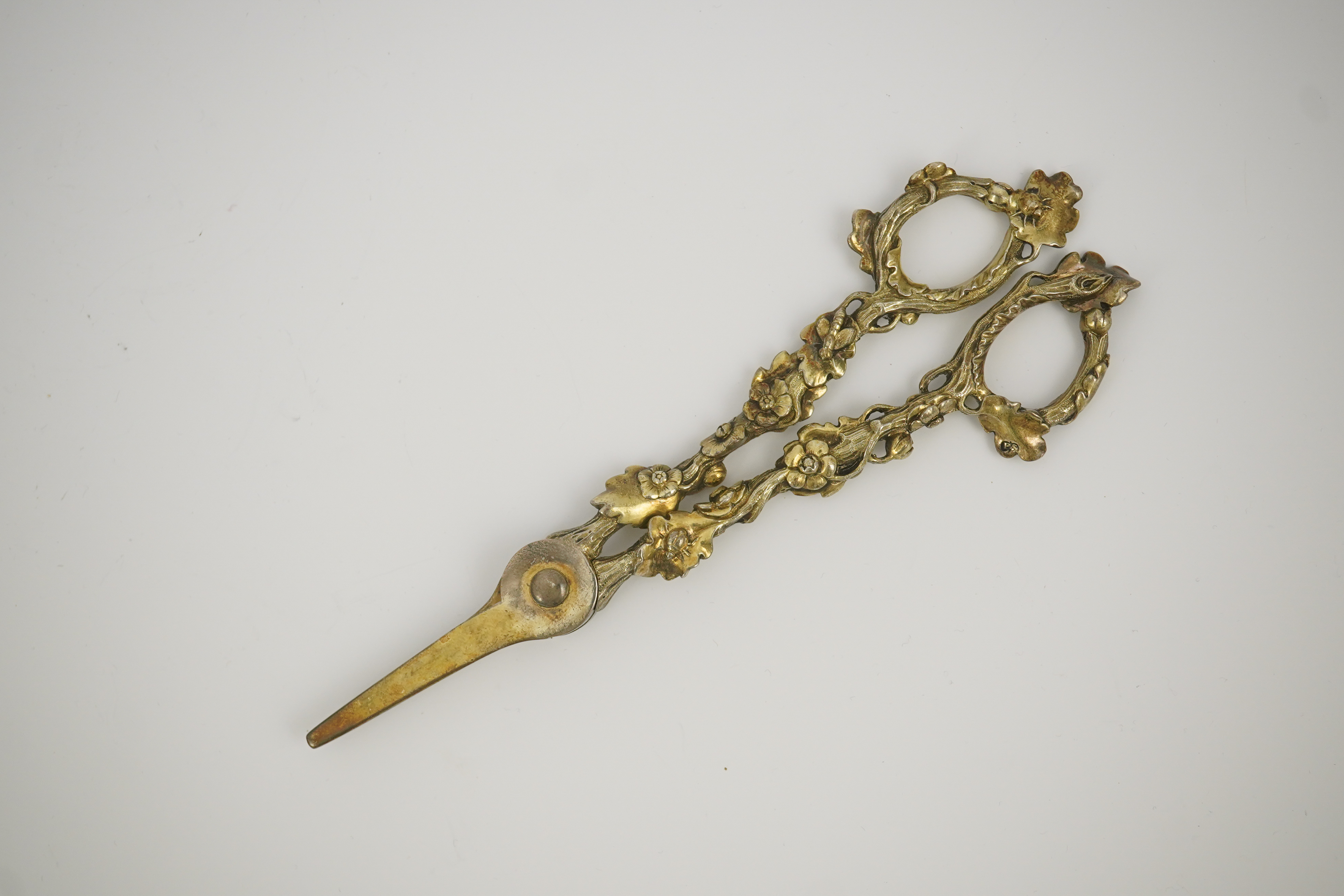 A cased pair of William IV Paul Storr silver gilt grape shears, in later case